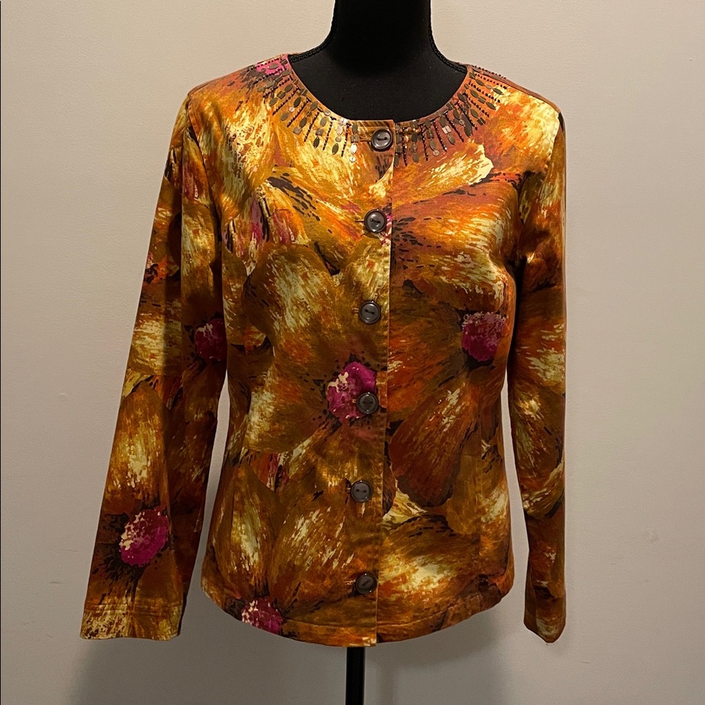 Chico’s  Fireglow Print Jacket Size M  Embellished Abstract Floral Watercolor